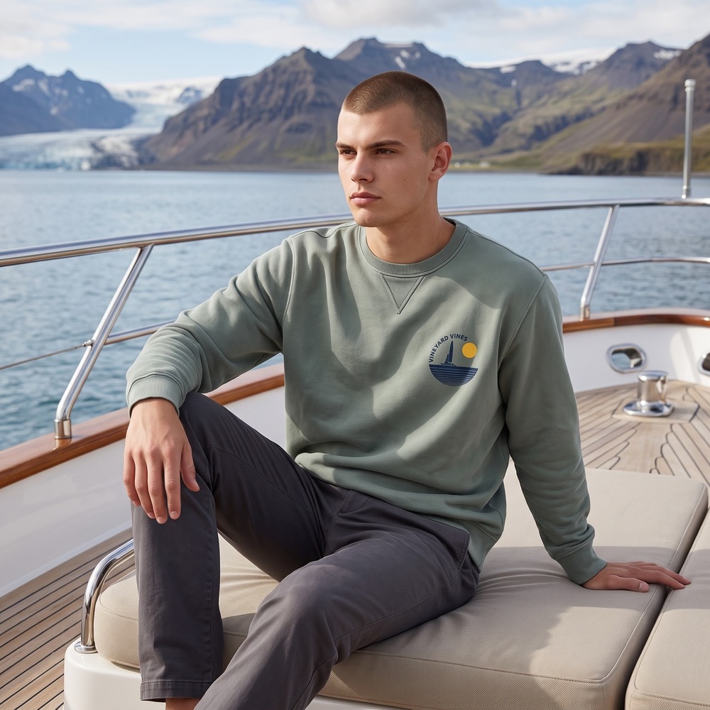 Vineyard Vines Mens Small Sage Green Sailboat Graphic Cotton Sweatshirt Pullover